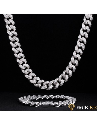 SET DE COLLIER ET BRACELET EMIR CUBAINE OR BLANC - 12MM Faites des économies